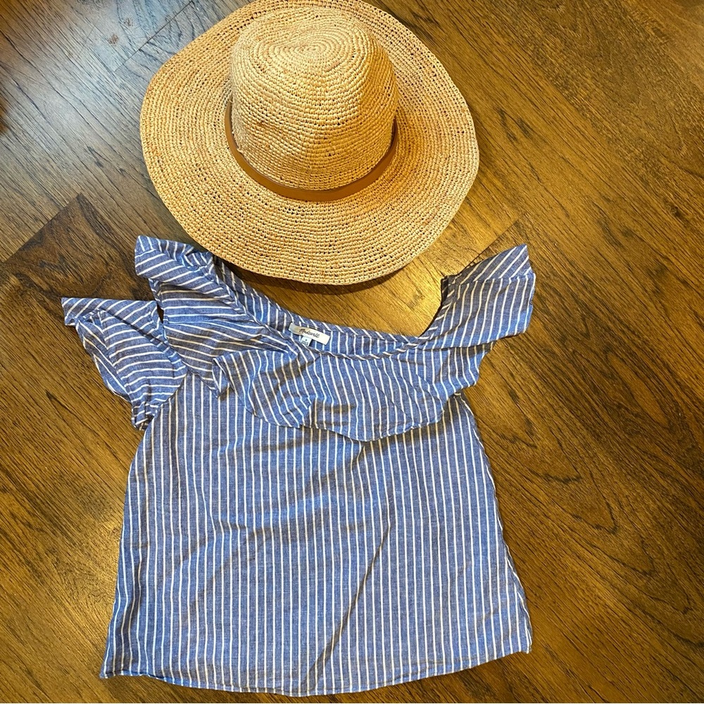 Madewell Denim Striped One Shoulder Ruffle Top - Picture 2 of 5